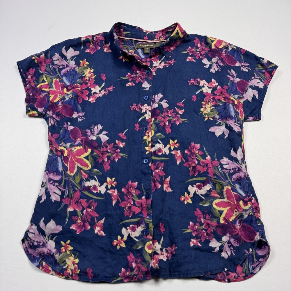 Tommy Bahama Shirt Womens Small Navy Blue Floral Short Sleeve Button Up Blouse